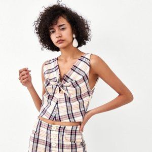 NWOT Zara checkered plaid crop top with knot bow & keyhole detail, S